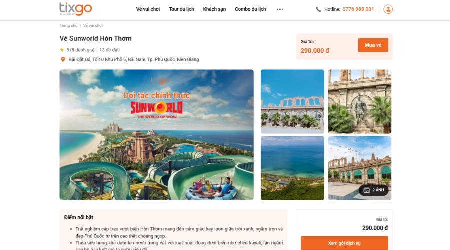 Đặt vé SunWorld Hòn Thơm và show diễn dễ dàng, nhanh và giá tốt qua Tixgo.vn