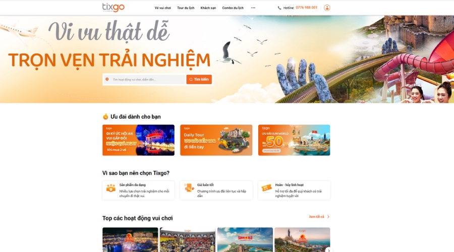 Tixgo cung cấp vé vui chơi, tour du lịch,...  
