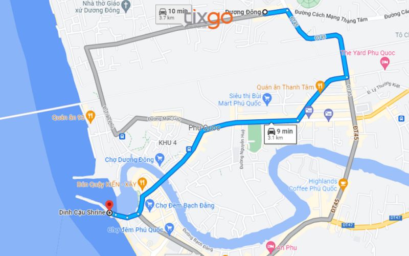 Sơ đồ hướng dẫn đường đi từ trung tâm thị trấn Dương Đông đến Phú Quốc Dinh Cậu chùa dinh cậu Phú Quốc