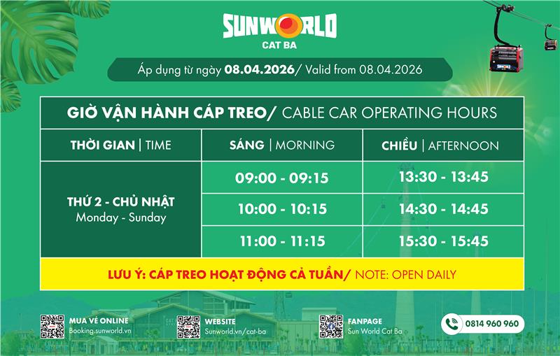 lịch vận hành cáp treo cát bà lịch vận hành cáp treo cát bà