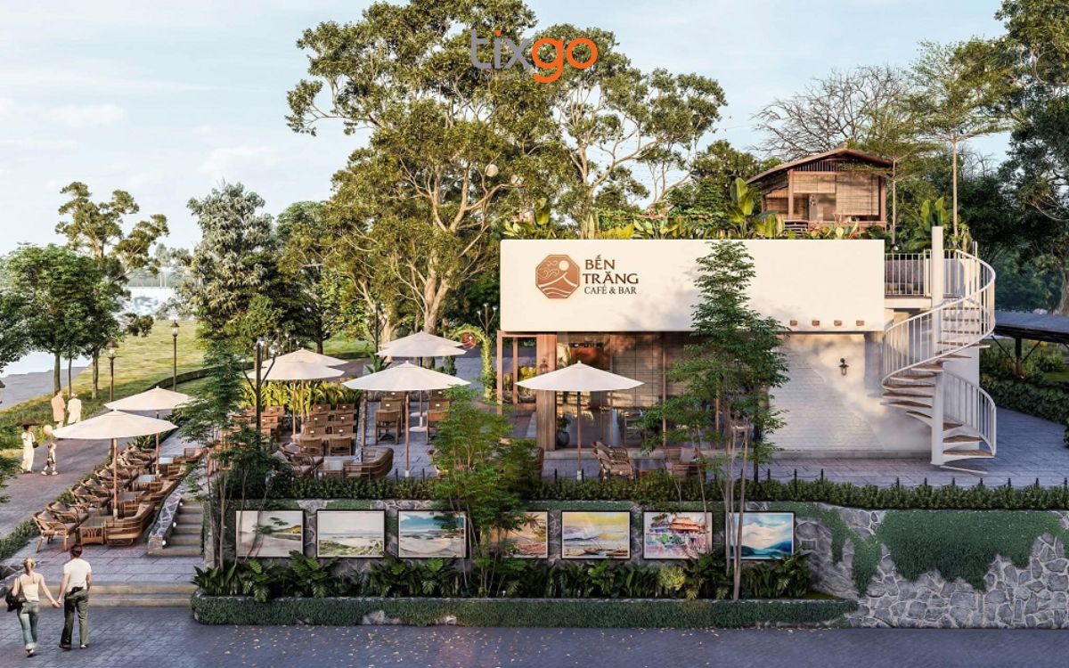 quán cafe đẹp ở huế Không gian ngoài trời rộng rãi, hiện đại với tone màu trắng sang trọng.