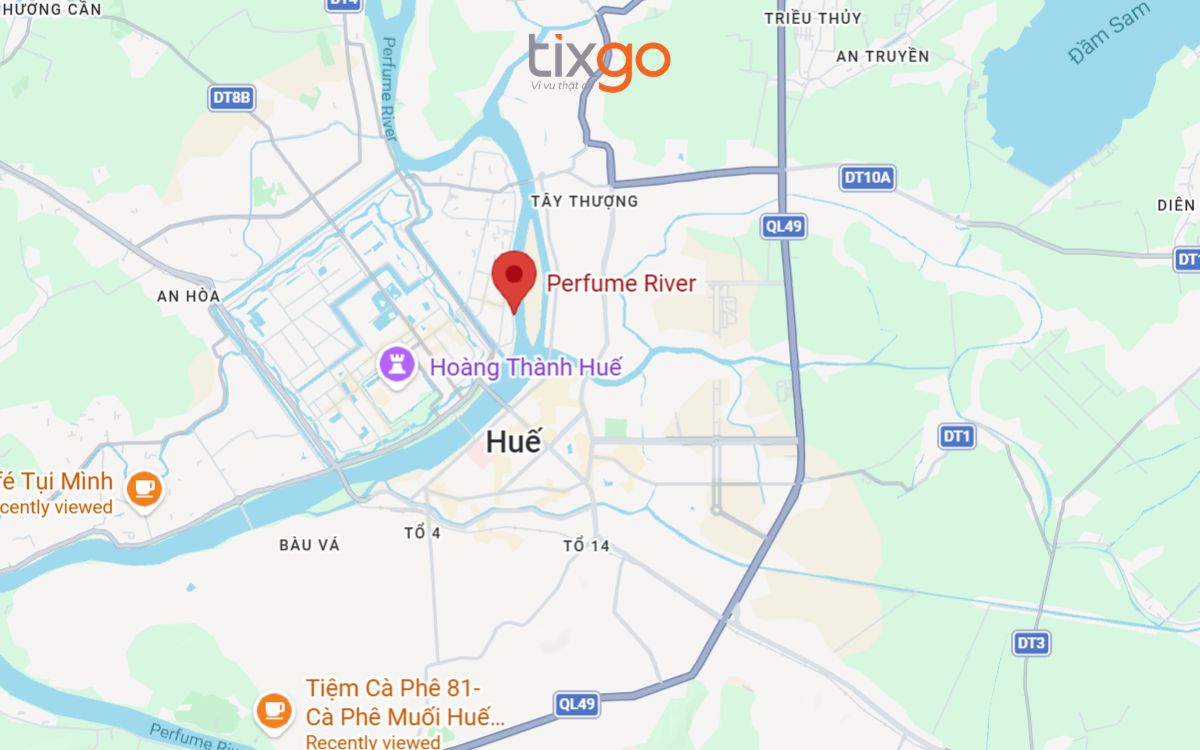 Bản đồ định vị dòng chảy của sông Hương trên địa phận thành phố Huế.
